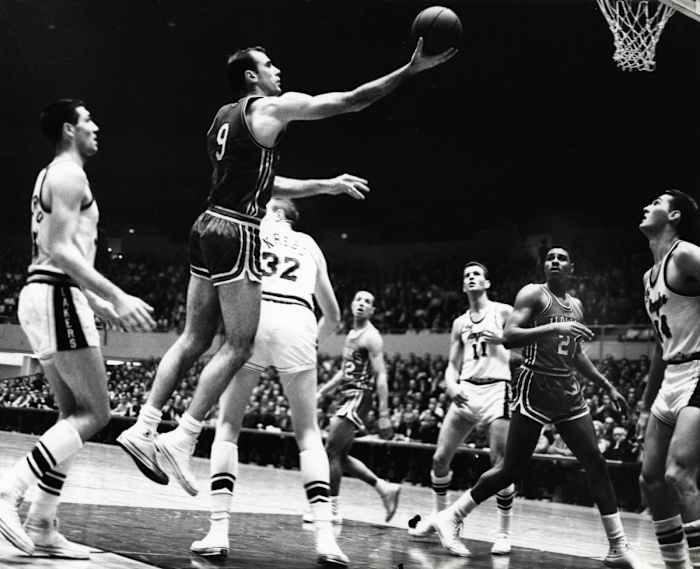 Mar 29, 1961; Los Angeles, CA, USA; FILE PHOTO; St. Louis Hawks forward Bob Pettit (9) lays the ball in against the Los Angeles Lakers during game 6 of the 1961 Western Division championship at the Los Angeles Sports Arena.